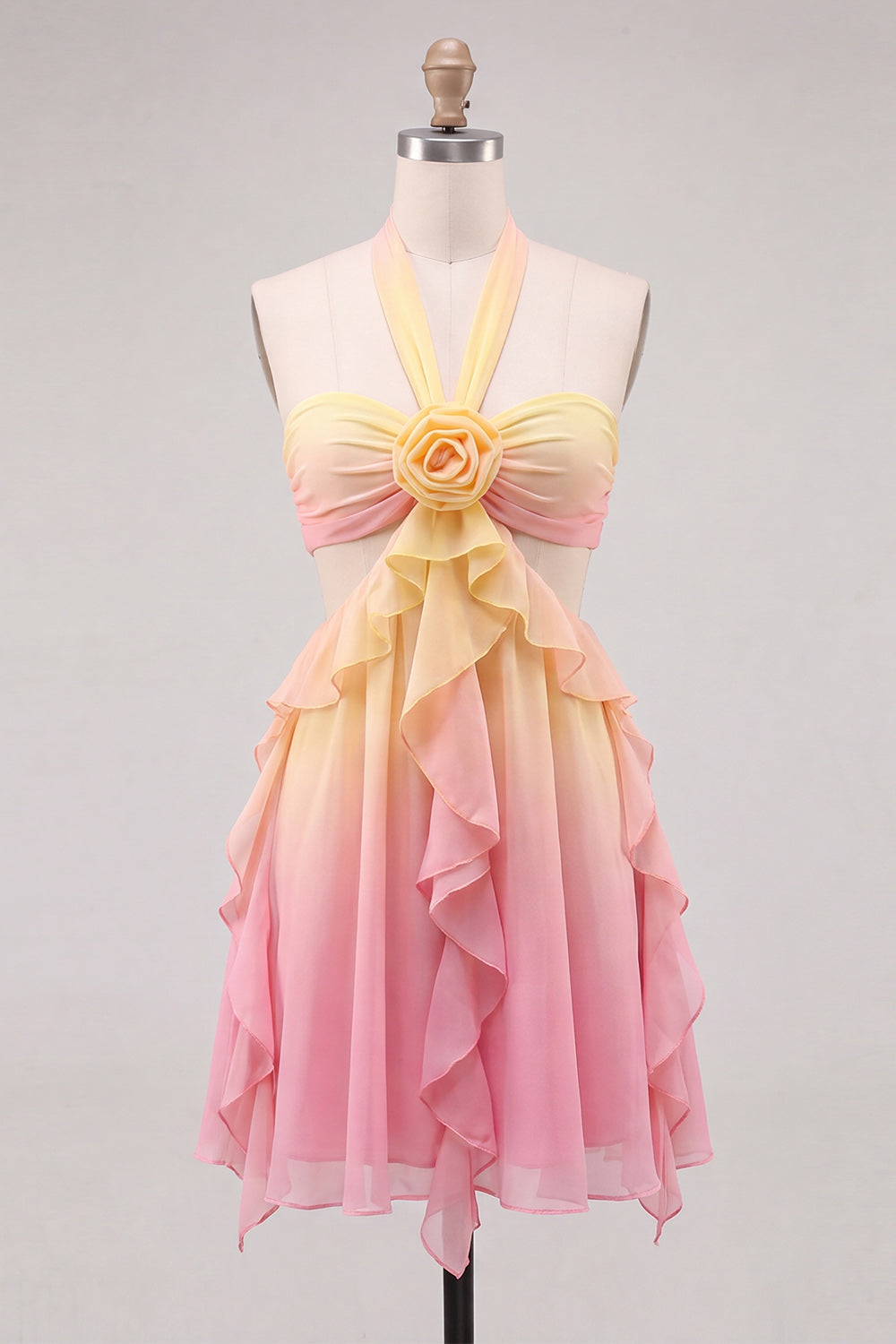 Yellow and Pink Ruffled Cut Out Halter Chiffon Short Homecoming Dress