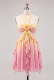 Yellow and Pink Ruffled Cut Out Halter Chiffon Short Homecoming Dress