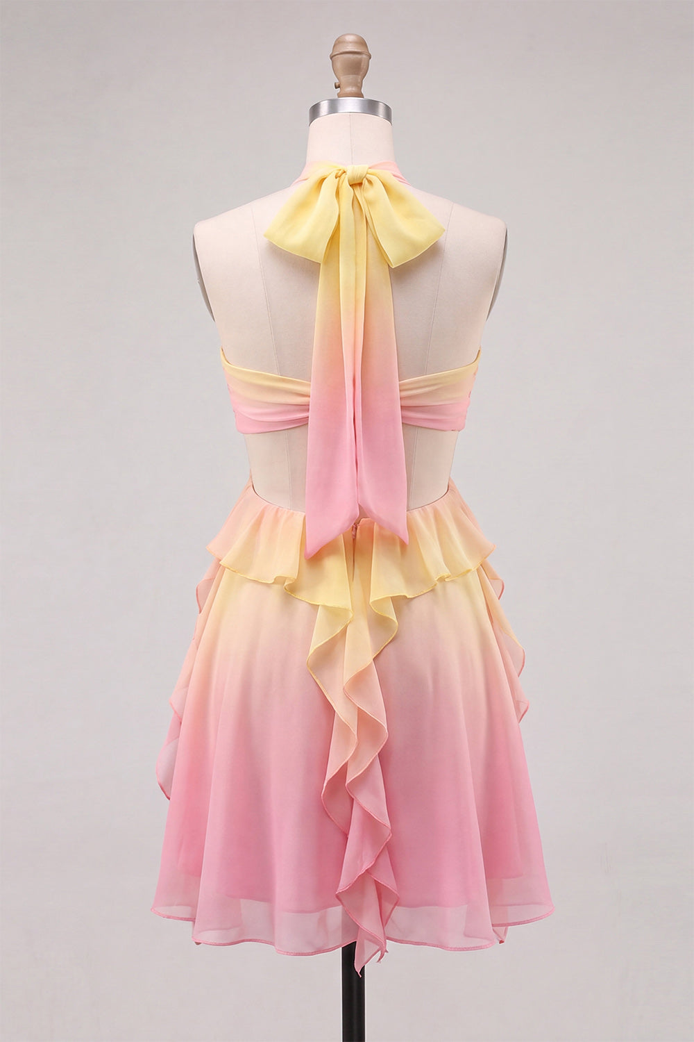 Yellow and Pink Ruffled Cut Out Halter Chiffon Short Homecoming Dress