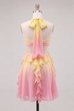 Yellow and Pink Ruffled Cut Out Halter Chiffon Short Homecoming Dress