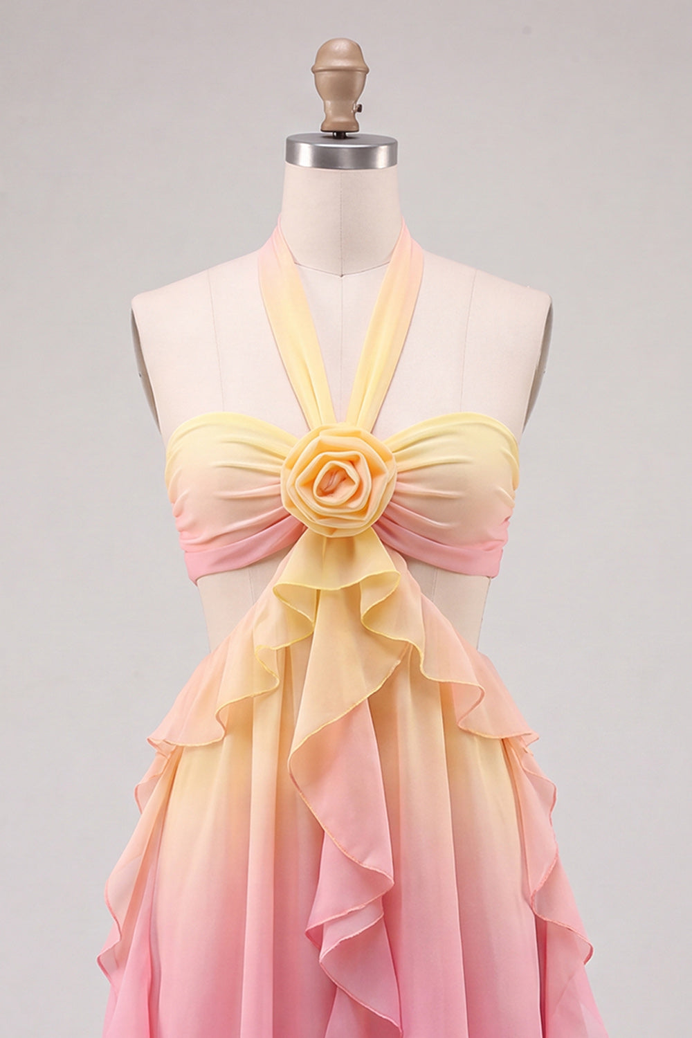 Yellow and Pink Ruffled Cut Out Halter Chiffon Short Homecoming Dress