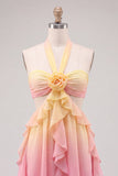Yellow and Pink Ruffled Cut Out Halter Chiffon Short Homecoming Dress