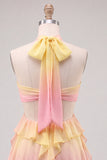 Yellow and Pink Ruffled Cut Out Halter Chiffon Short Homecoming Dress
