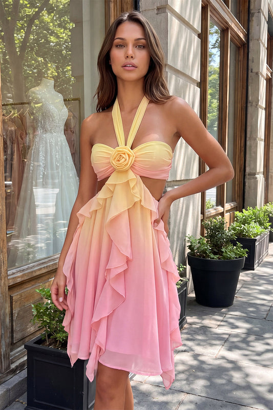 Yellow and Pink Ruffled Cut Out Halter Chiffon Short Homecoming Dress