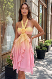 Yellow and Pink Ruffled Cut Out Halter Chiffon Short Homecoming Dress