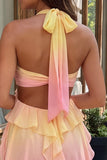 Yellow and Pink Ruffled Cut Out Halter Chiffon Short Homecoming Dress
