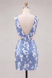 Blue Sequin Sparkly Cut Out Tight Short Homecoming Dress