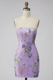 Floral Pink Sparkly Sequin Strapless Tight Short Homecoming Dress