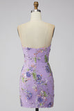 Floral Pink Sparkly Sequin Strapless Tight Short Homecoming Dress
