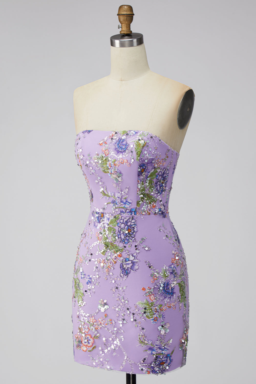 Floral Pink Sparkly Sequin Strapless Tight Short Homecoming Dress