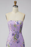 Floral Pink Sparkly Sequin Strapless Tight Short Homecoming Dress