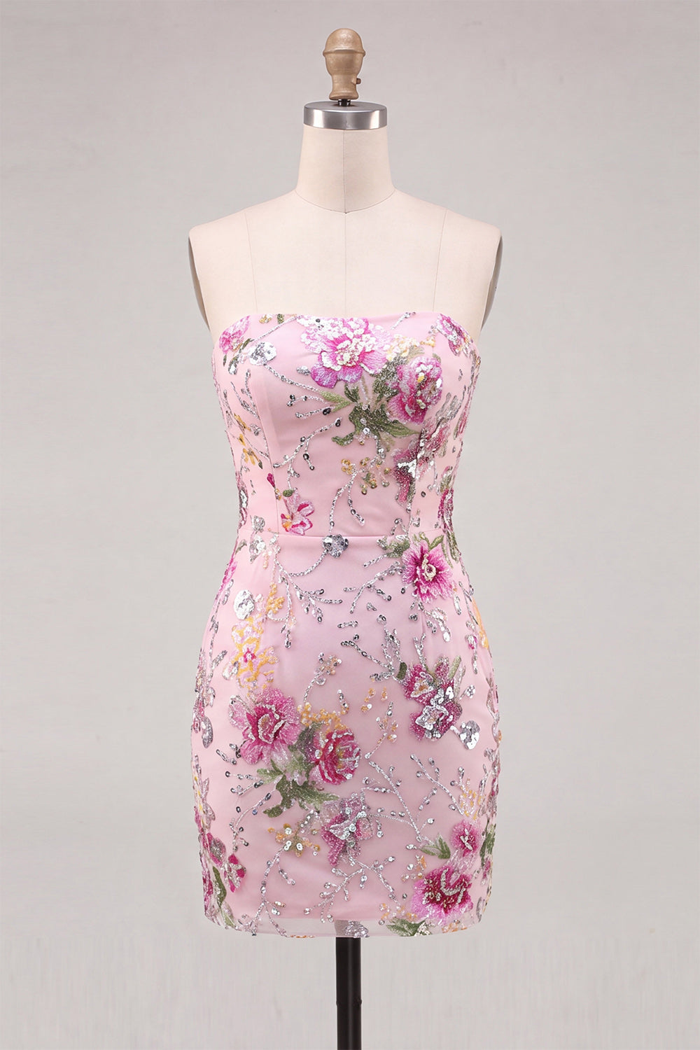 Floral Pink Sparkly Sequin Strapless Tight Short Homecoming Dress