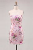 Floral Pink Sparkly Sequin Strapless Tight Short Homecoming Dress