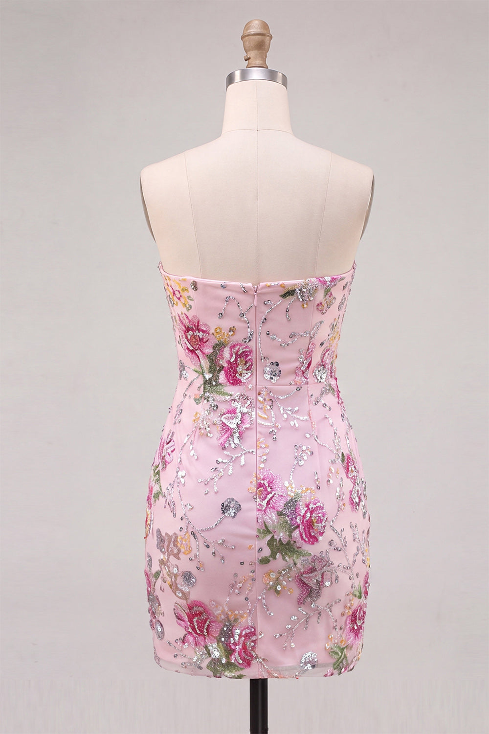 Floral Pink Sparkly Sequin Strapless Tight Short Homecoming Dress