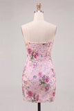 Floral Pink Sparkly Sequin Strapless Tight Short Homecoming Dress