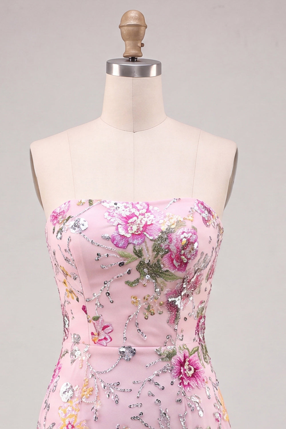 Floral Pink Sparkly Sequin Strapless Tight Short Homecoming Dress