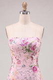 Floral Pink Sparkly Sequin Strapless Tight Short Homecoming Dress