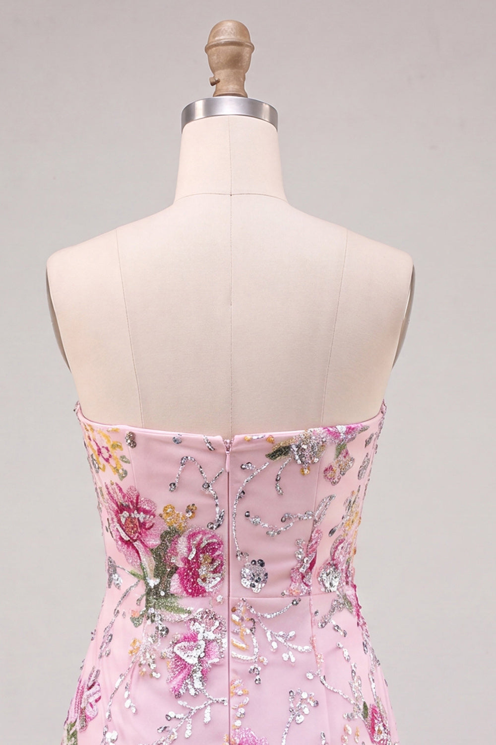 Floral Pink Sparkly Sequin Strapless Tight Short Homecoming Dress