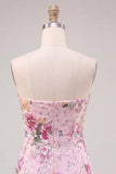 Floral Pink Sparkly Sequin Strapless Tight Short Homecoming Dress