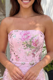 Floral Pink Sparkly Sequin Strapless Tight Short Homecoming Dress