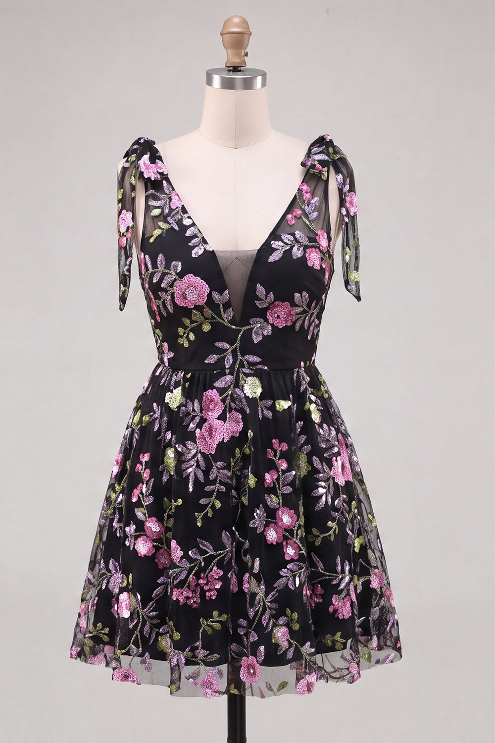 Floral Black Sparkly Sequin Short Homecoming Dress with Bows