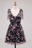 Floral Black Sparkly Sequin Short Homecoming Dress with Bows