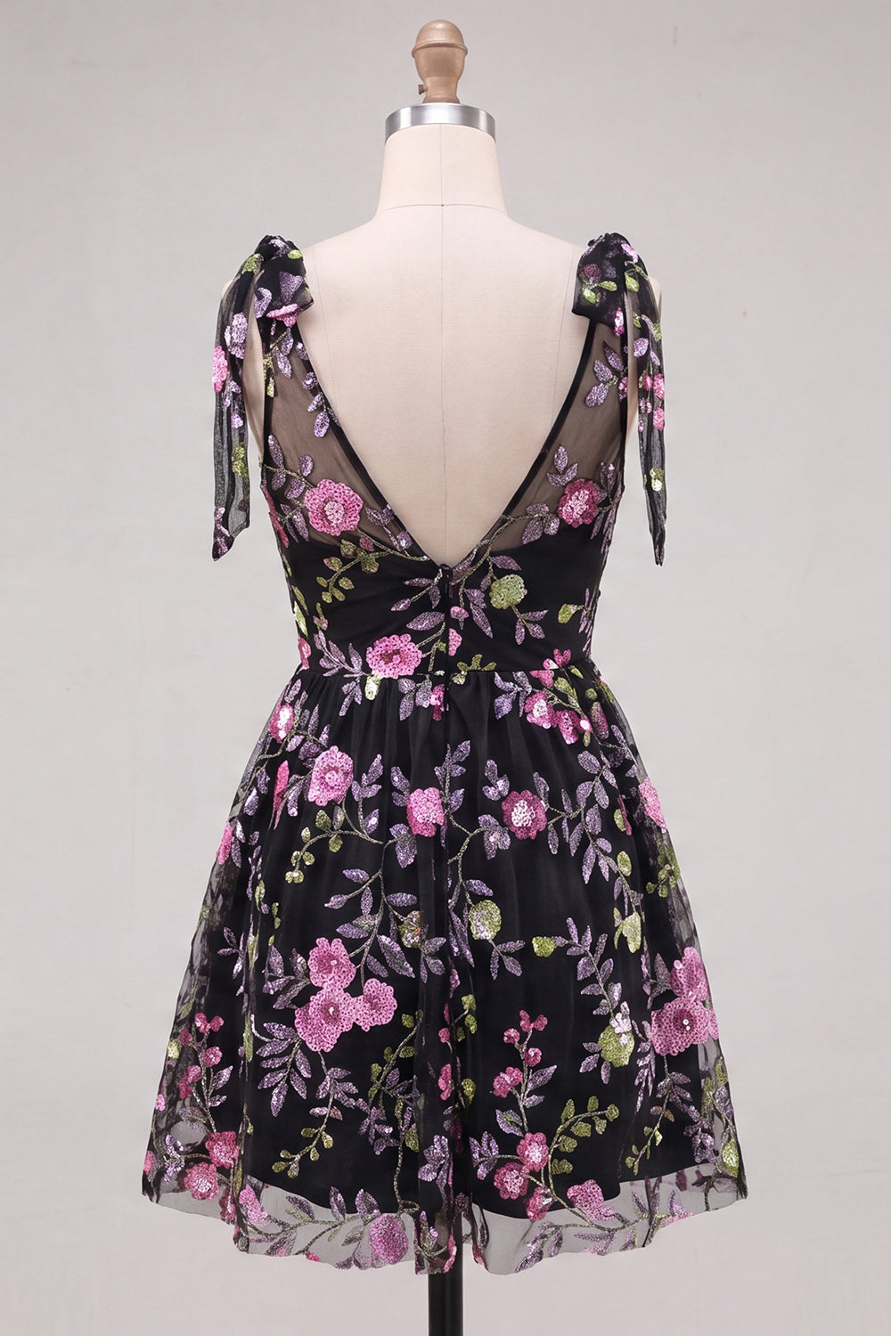 Floral Black Sparkly Sequin Short Homecoming Dress with Bows