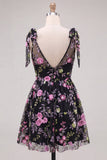 Floral Black Sparkly Sequin Short Homecoming Dress with Bows