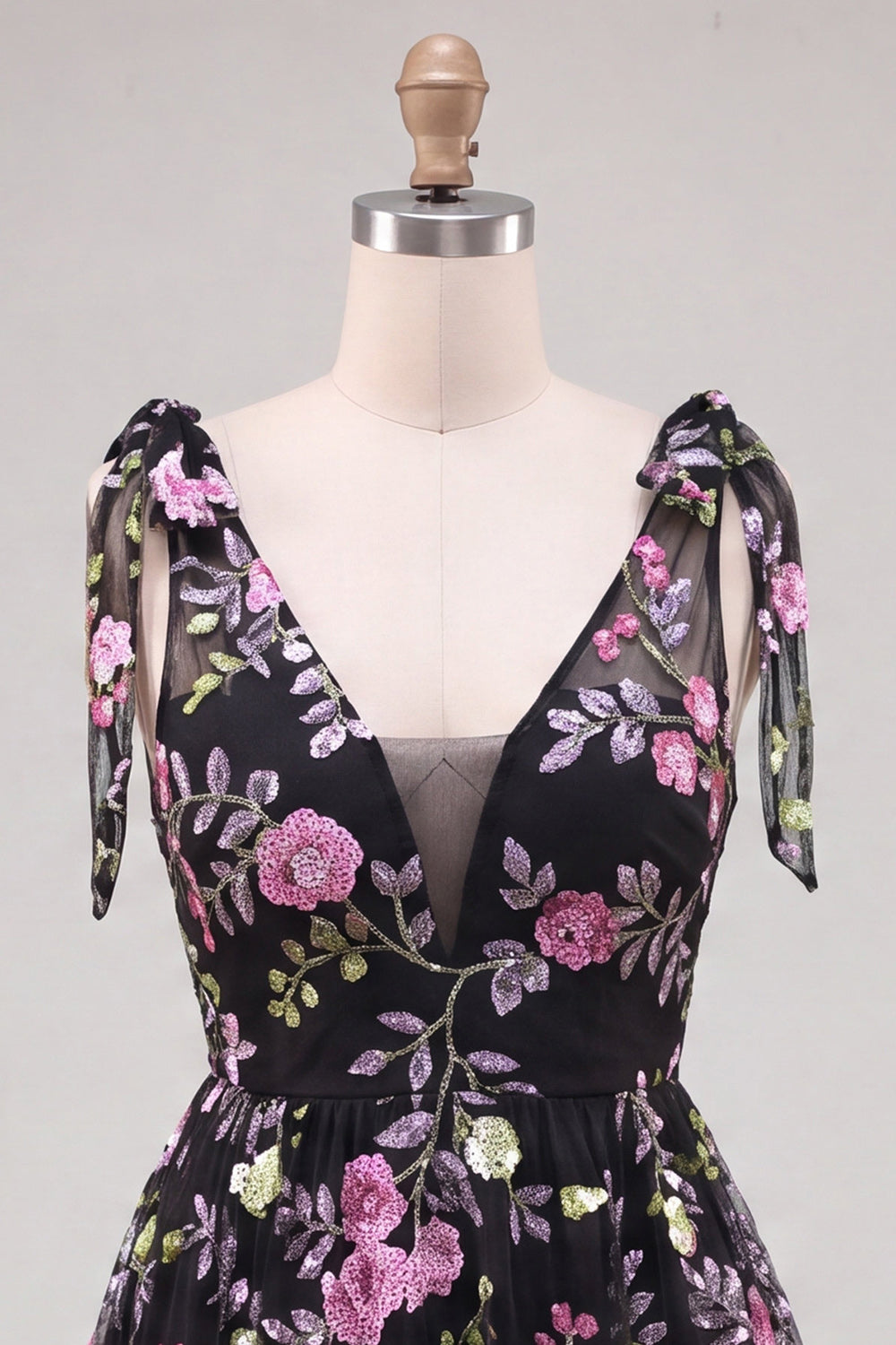 Floral Black Sparkly Sequin Short Homecoming Dress with Bows