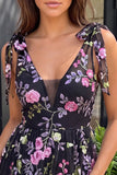 Floral Black Sparkly Sequin Short Homecoming Dress with Bows