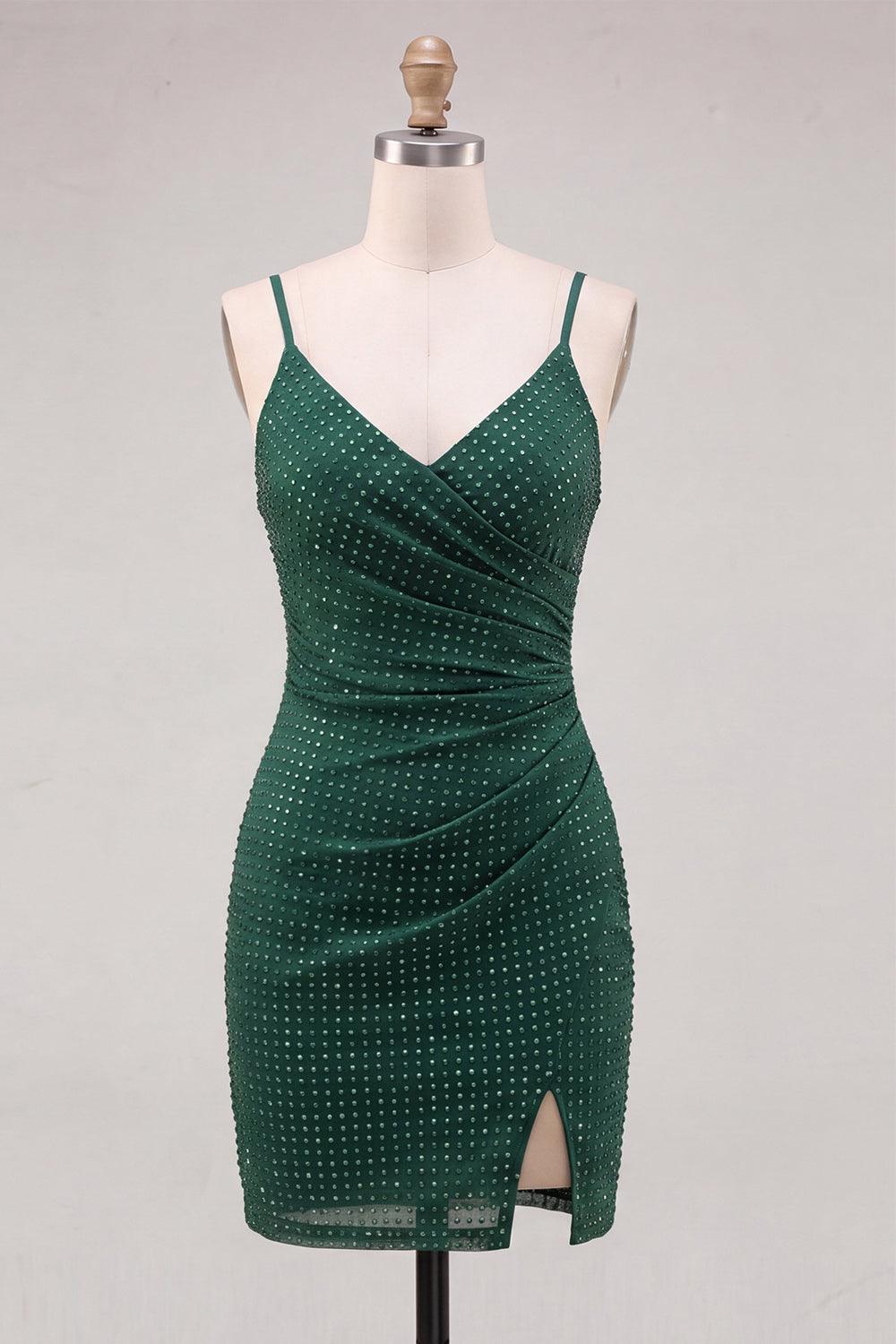 Dark Green Sparkly Beaded Short Tight Homecoming Dress with Slit