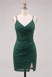 Dark Green Sparkly Beaded Short Tight Homecoming Dress with Slit