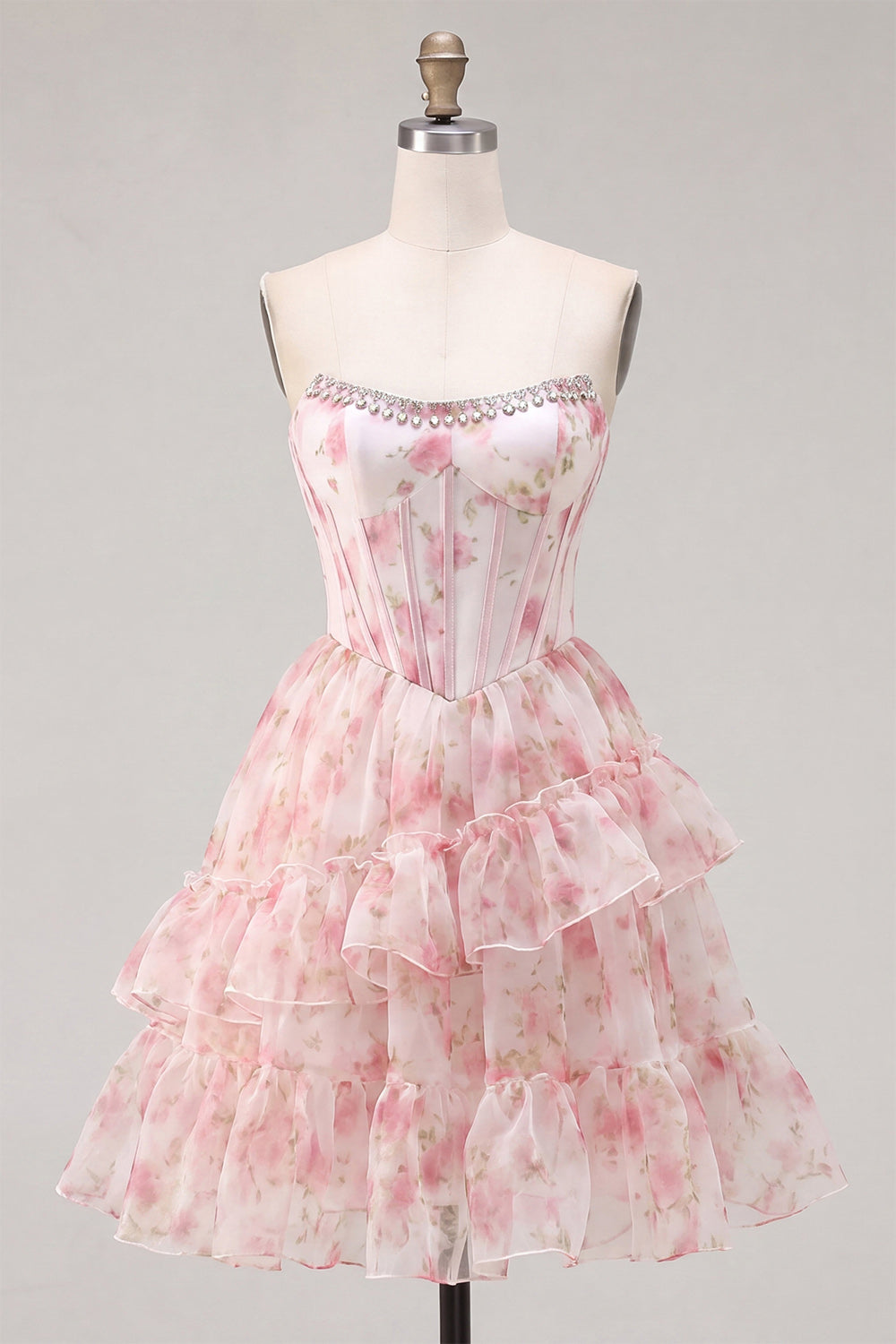 Floral Pink Sparkly Corset Beaded Short Homecoming Dress with Ruffles