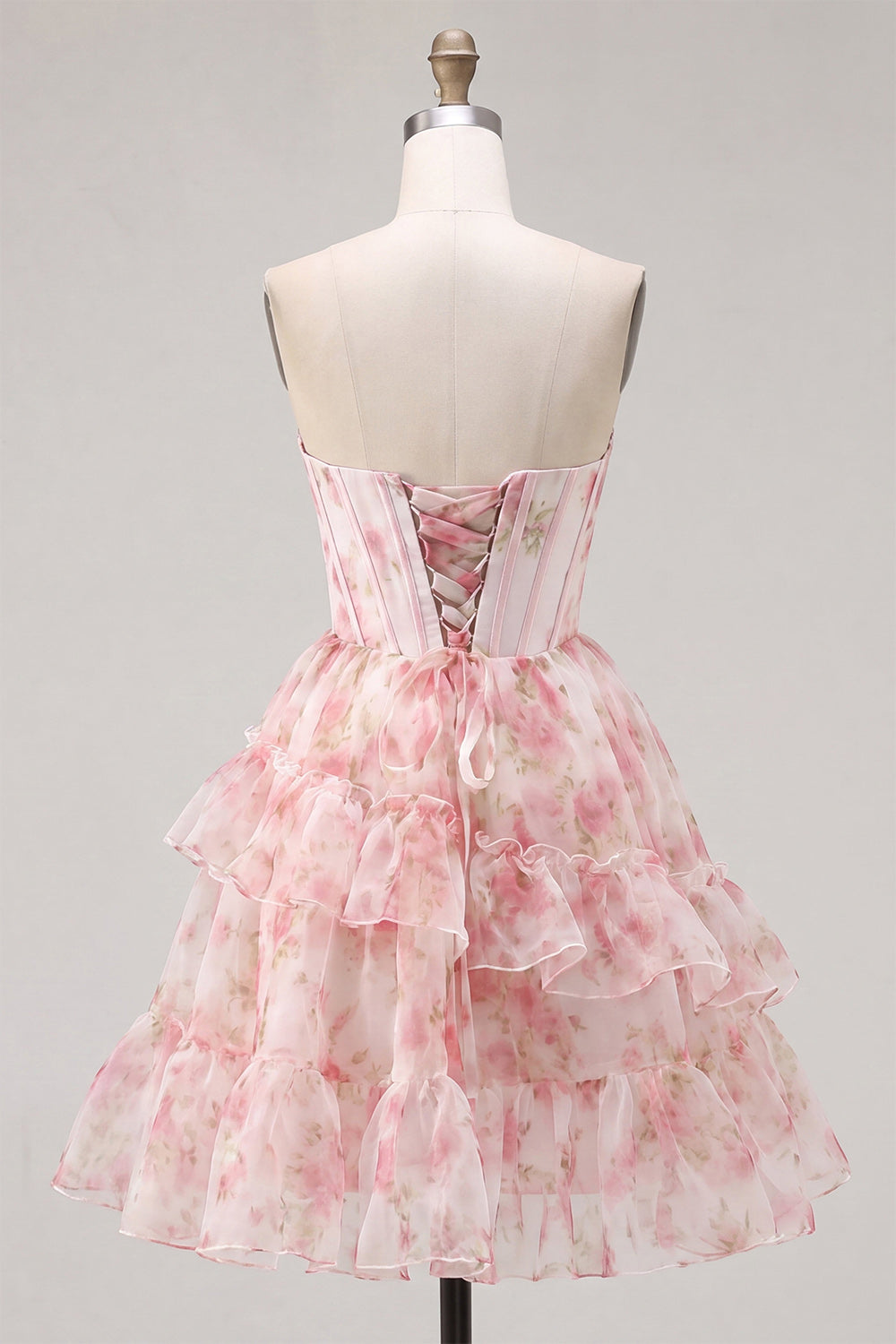 Floral Pink Sparkly Corset Beaded Short Homecoming Dress with Ruffles