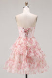 Floral Pink Sparkly Corset Beaded Short Homecoming Dress with Ruffles