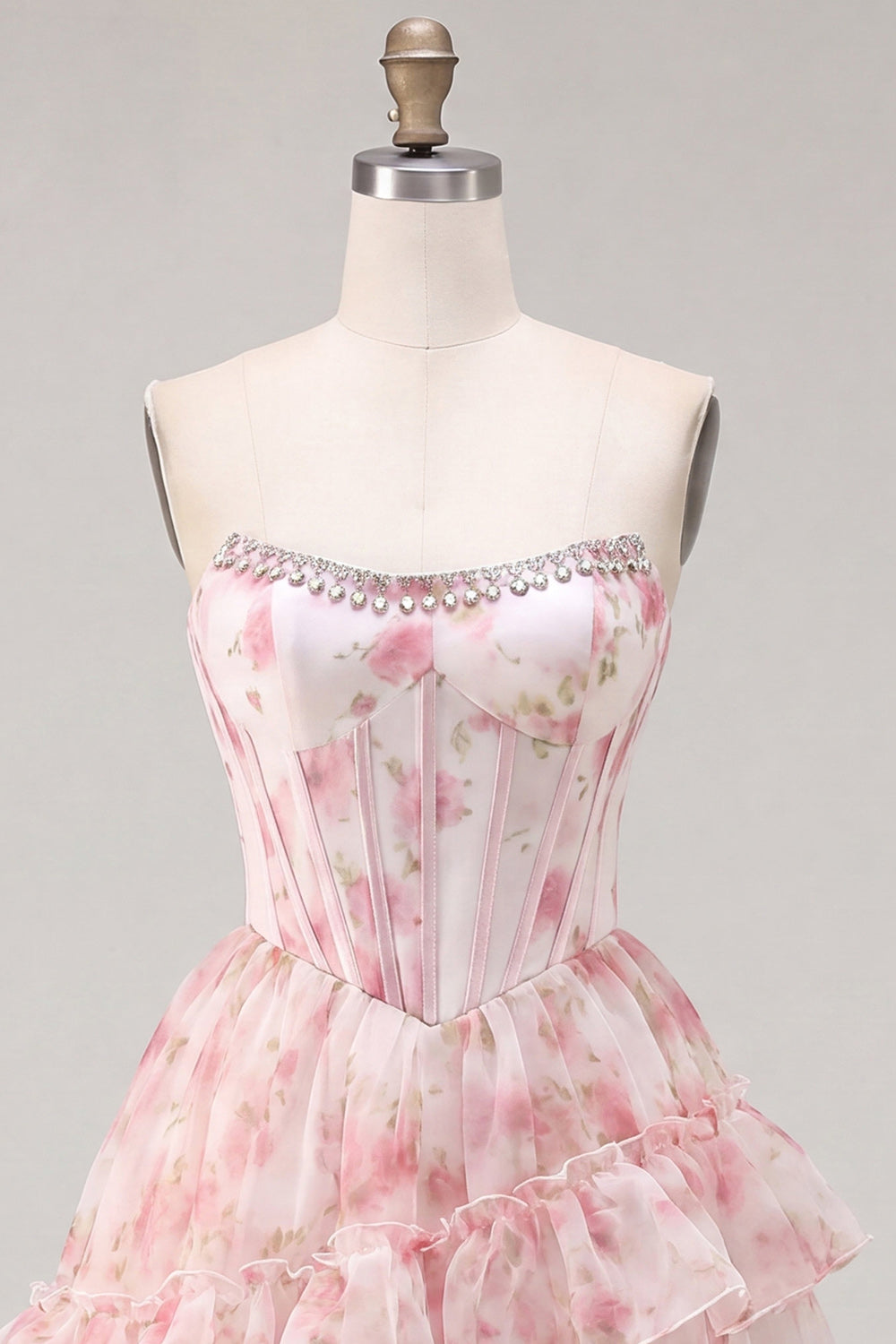 Floral Pink Sparkly Corset Beaded Short Homecoming Dress with Ruffles