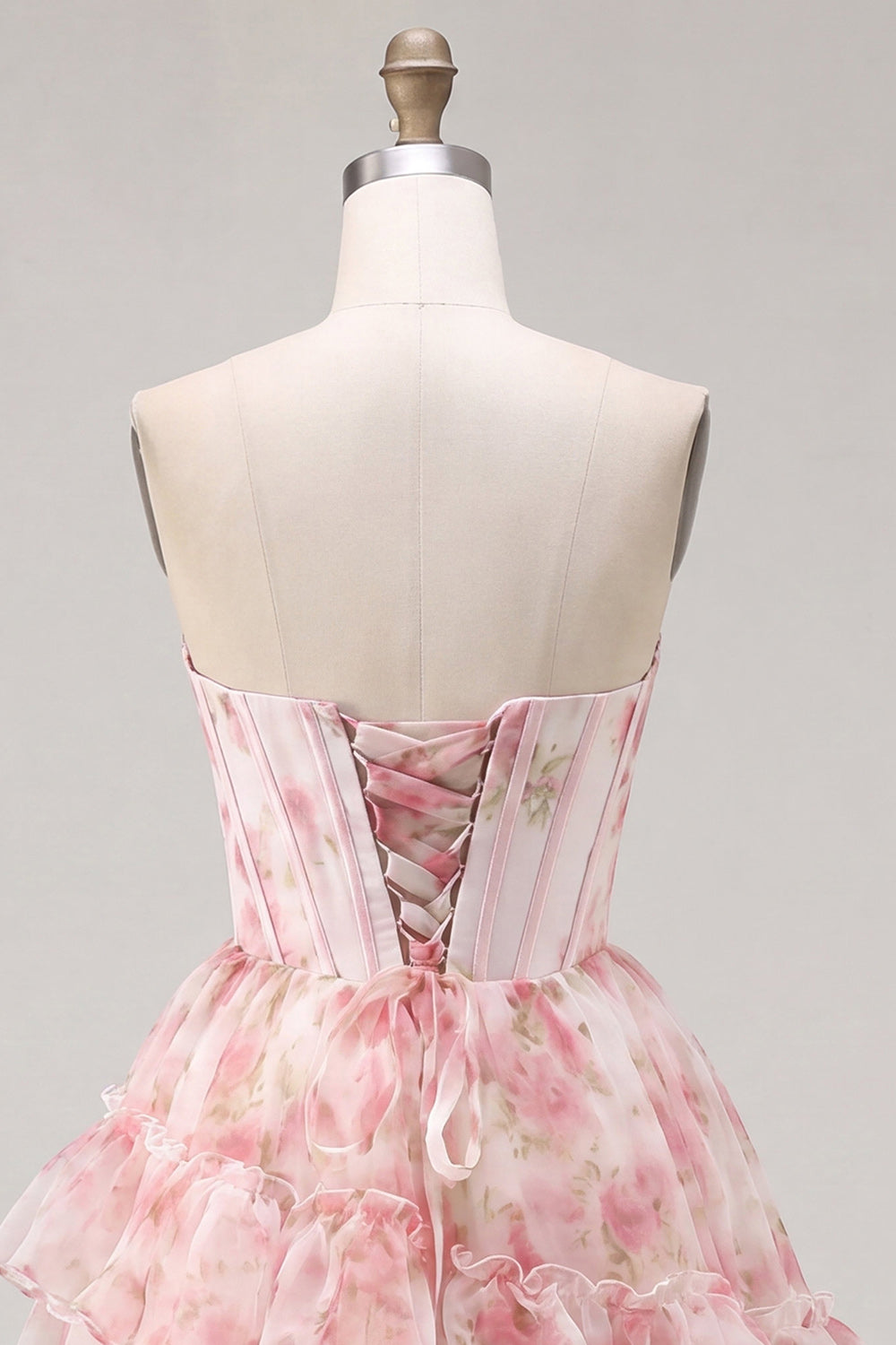 Floral Pink Sparkly Corset Beaded Short Homecoming Dress with Ruffles