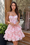Floral Pink Sparkly Corset Beaded Short Homecoming Dress with Ruffles
