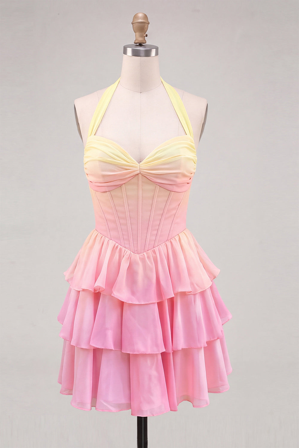 Yellow and Pink Ruffled Halter A Line Short Corset Homecoming Dress