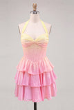 Yellow and Pink Ruffled Halter A Line Short Corset Homecoming Dress