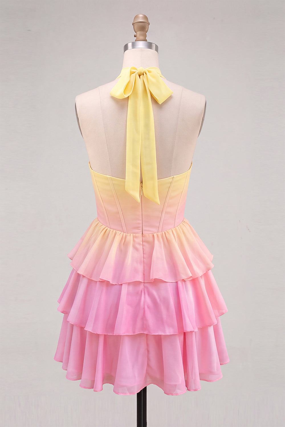 Yellow and Pink Ruffled Halter A Line Short Corset Homecoming Dress