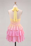 Yellow and Pink Ruffled Halter A Line Short Corset Homecoming Dress