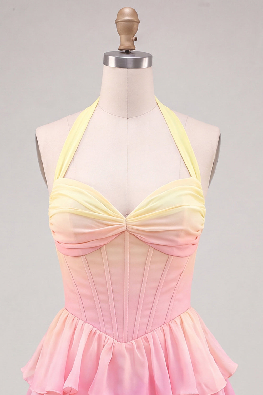 Yellow and Pink Ruffled Halter A Line Short Corset Homecoming Dress