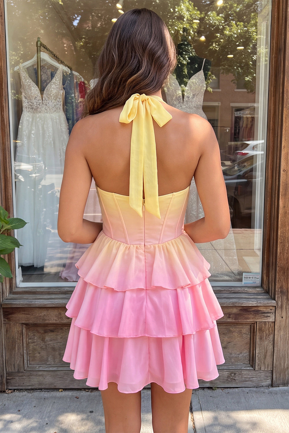 Yellow and Pink Ruffled Halter A Line Short Corset Homecoming Dress