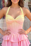 Yellow and Pink Ruffled Halter A Line Short Corset Homecoming Dress