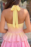 Yellow and Pink Ruffled Halter A Line Short Corset Homecoming Dress