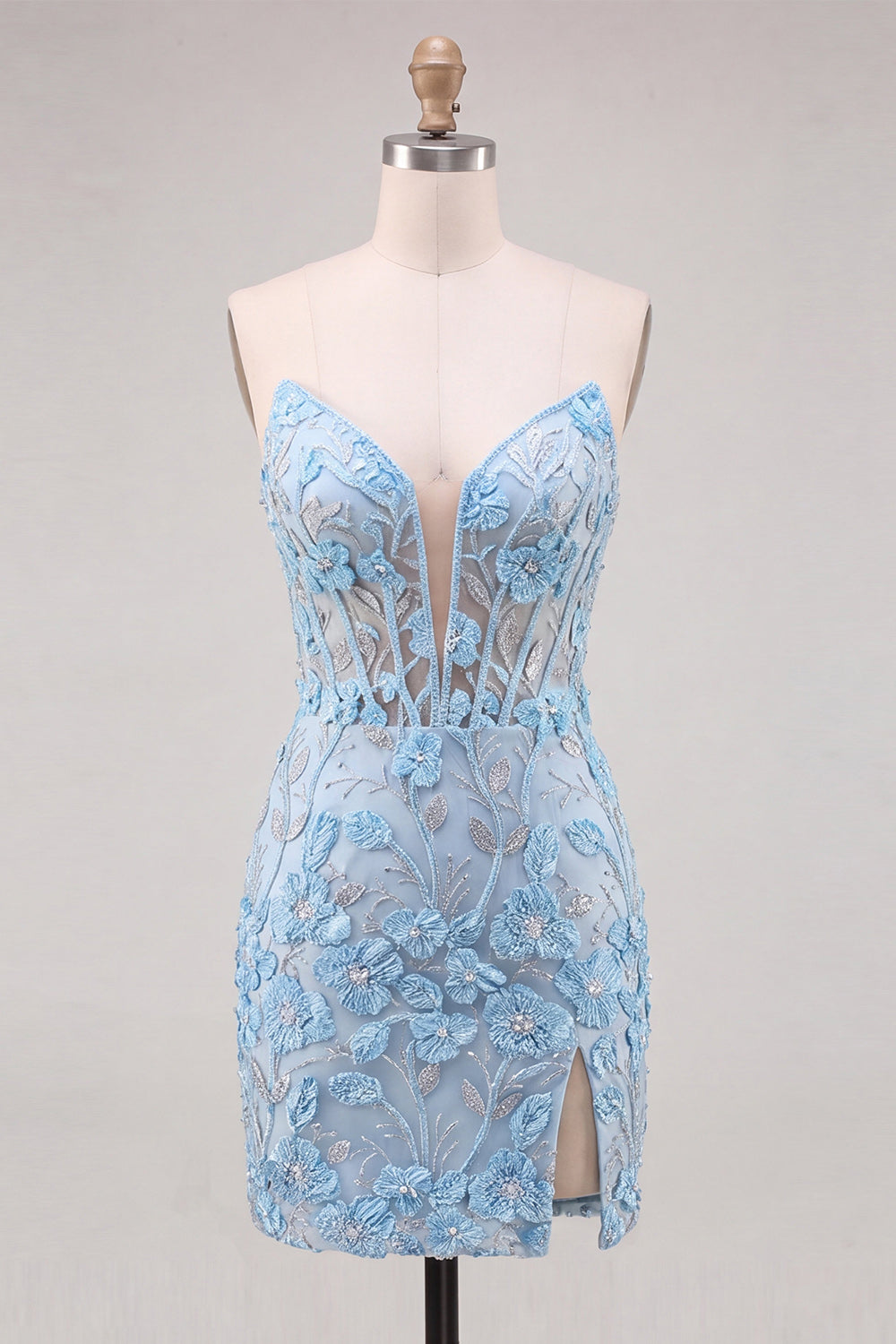 Floral Sky Blue Lace Tight Short Corset Homecoming Dress with Slit