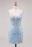Floral Sky Blue Lace Tight Short Corset Homecoming Dress with Slit
