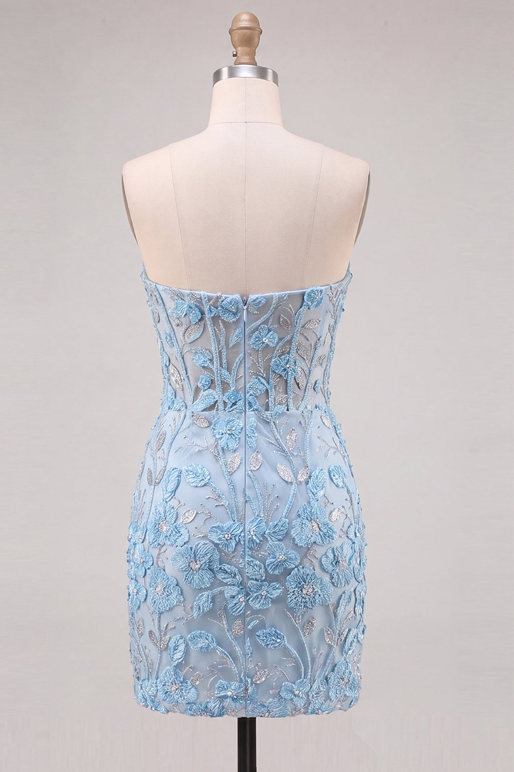 Floral Sky Blue Lace Tight Short Corset Homecoming Dress with Slit