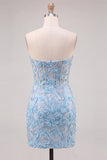 Floral Sky Blue Lace Tight Short Corset Homecoming Dress with Slit
